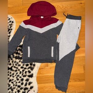 Deux par Deux Two-Piece Hoodie and Jogger Set - Red and Gray